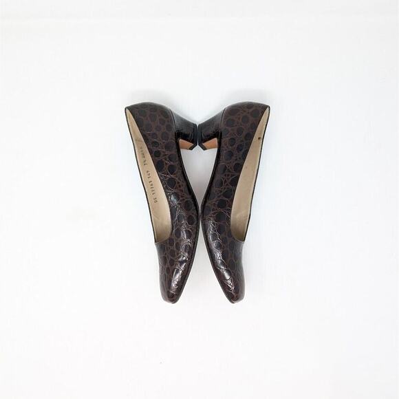Salvatore Ferragamo Heels Brown Croc Embossed Leather 7.5 AAAA Low Block Heel - Picture 6 of 12